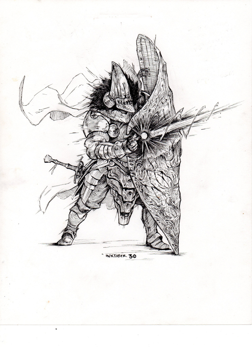 1other absurdres ambiguous_gender armor boots cape commentary copyright_request english_commentary floating_cape from_side gauntlets greaves greyscale helmet highres ink_(medium) inktober magic manuel_castanon monochrome pauldrons pelvic_curtain pointing scan shoulder_armor simple_background solo sword tower_shield traditional_media weapon white_background