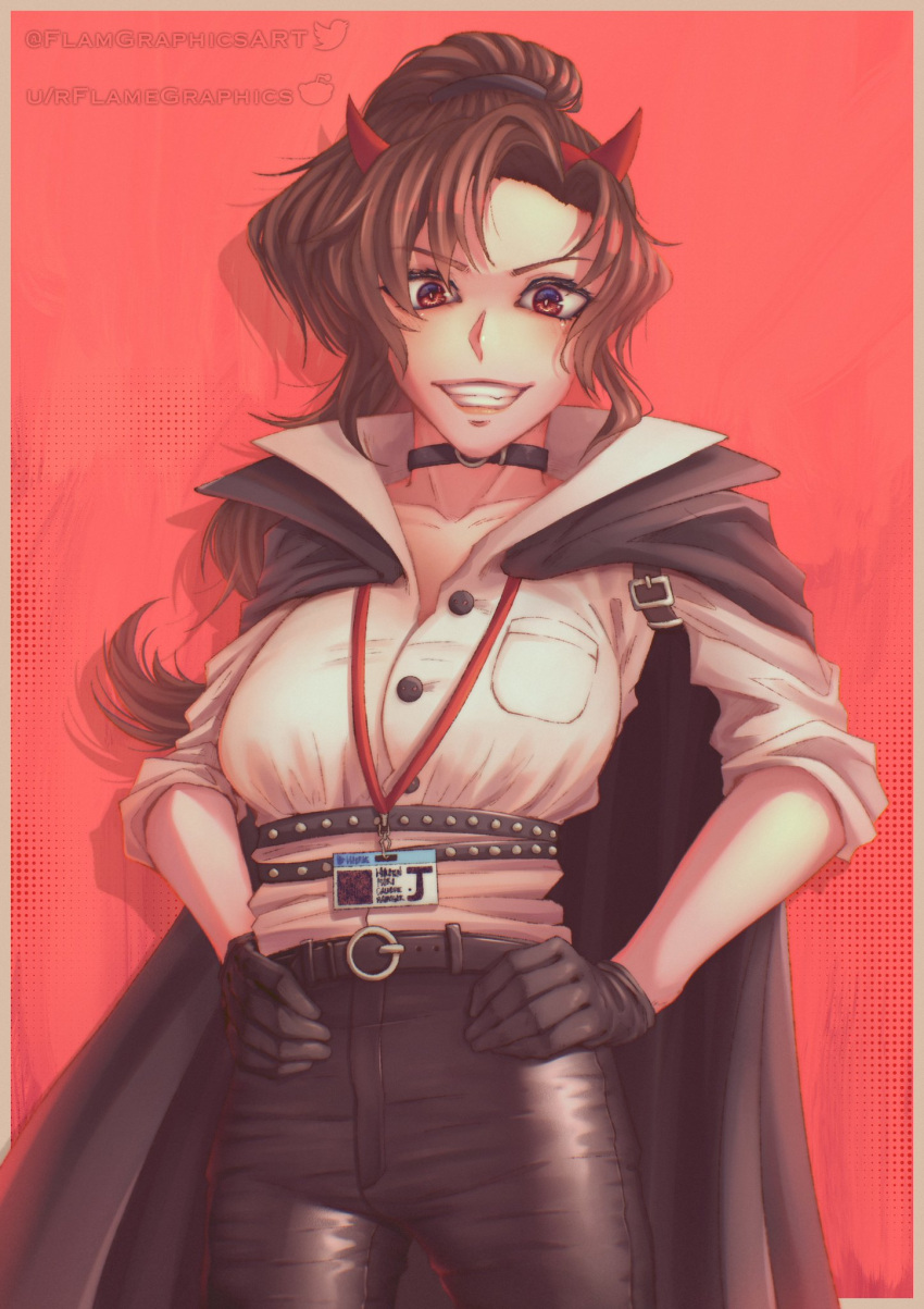 1girl breasts brown_hair cape choker fake_horns flamgraphicsart gloves hands_on_hips highres hololive hololive_english horns id_card image_sample j-chad red_eyes reddit_logo reddit_username shadow symbol_commentary teeth twitter_logo twitter_sample twitter_username
