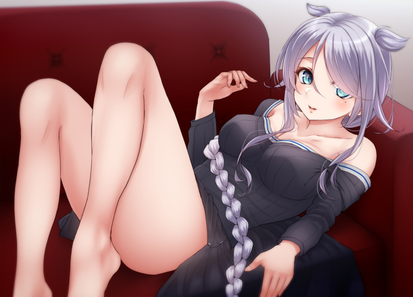 1girl blue_eyes braid breasts commentary_request couch highres kantai_collection long_hair looking_at_viewer lying medium_breasts nuka_(nvkka) on_back remodel_(kantai_collection) silver_hair single_braid thighs umikaze_(kancolle) very_long_hair
