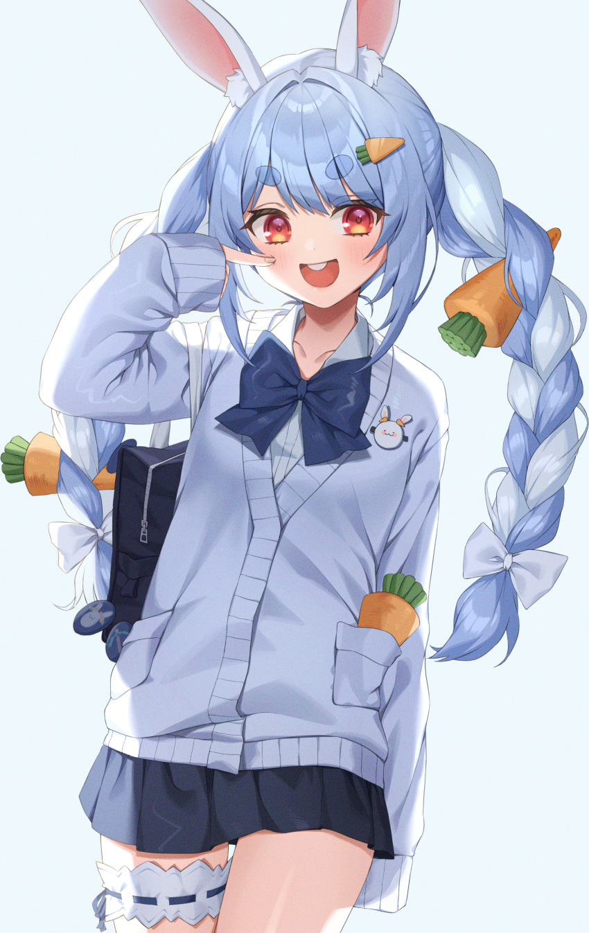 1girl :d absurdres animal_ear_fluff animal_ears bag bangs black_skirt blue_bow blue_cardigan blue_hair blue_neckwear blush bow bowtie braid cardigan carrot_hair_ornament cheek_poking collared_shirt commentary_request cowboy_shot eyebrows_visible_through_hair finger_to_cheek food_themed_hair_ornament hair_ornament highres hololive huge_filesize long_hair long_sleeves miniskirt multicolored_hair open_mouth poking rabbit_ears rabbit_girl red_eyes school_bag school_uniform shirt short_eyebrows shoulder_bag skirt sleeves_past_fingers sleeves_past_wrists smile solo standing thick_eyebrows thigh_strap twin_braids two-tone_hair upper_teeth usada_pekora virtual_youtuber white_hair white_shirt xiho_(suna)