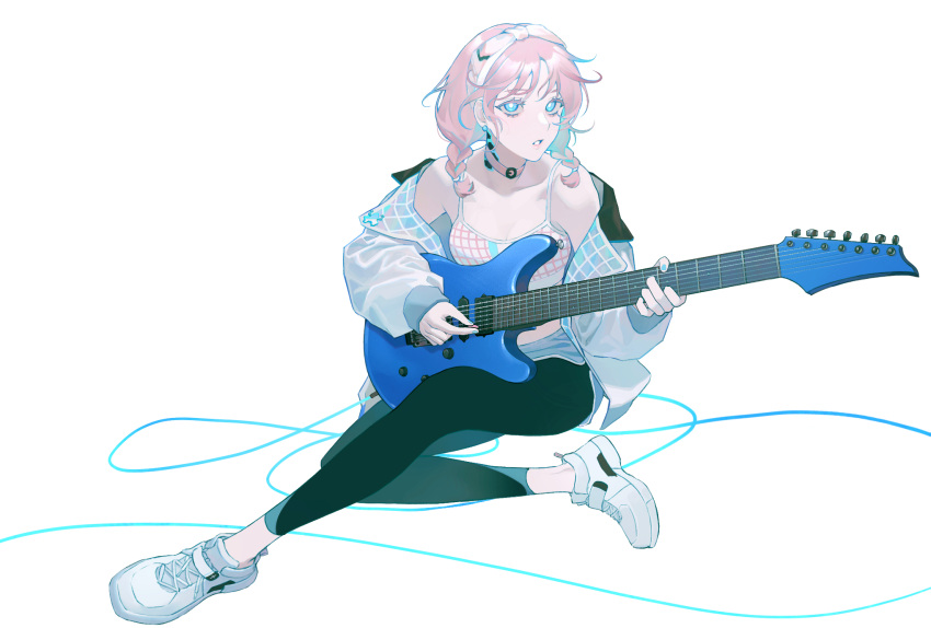 1girl arknights bangs bare_shoulders black_pants blue_eyes blue_poison_(arknights) blue_poison_(shoal_beat)_(arknights) braid camisole choker electric_guitar grey_jacket guitar hairband highres holding holding_instrument instrument jacket leggings long_sleeves looking_at_viewer meijizi off_shoulder open_clothes open_jacket pants parted_lips pink_choker pink_hair shoes short_hair simple_background sitting sneakers solo spaghetti_strap sports_bra twin_braids white_background white_footwear