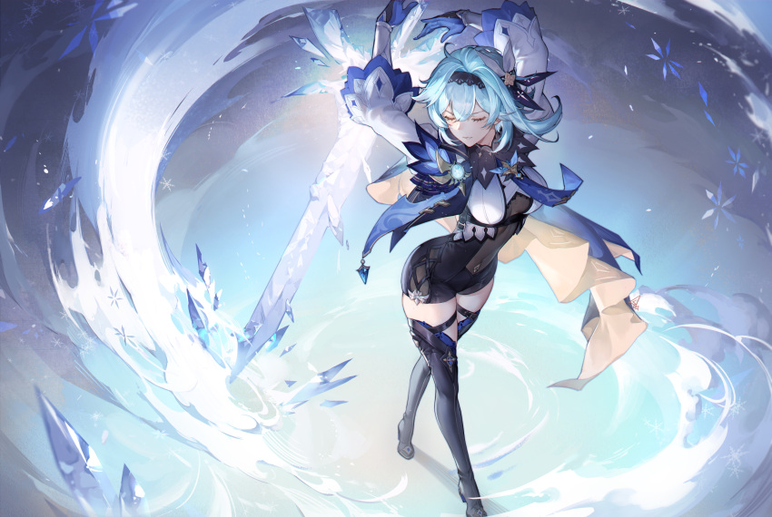 1girl absurdres arms_up black_headband black_legwear black_shorts blue_hair blue_neckwear bodystocking boots breasts cape closed_eyes eula_(genshin_impact) genshin_impact hair_ornament headband high_heel_boots high_heels highres holding holding_sword holding_weapon ice juliet_sleeves long_sleeves medium_breasts necktie parted_lips puffy_sleeves shorts solo spade-m sword thigh-highs thigh_boots two-tone_gloves vision_(genshin_impact) weapon zettai_ryouiki