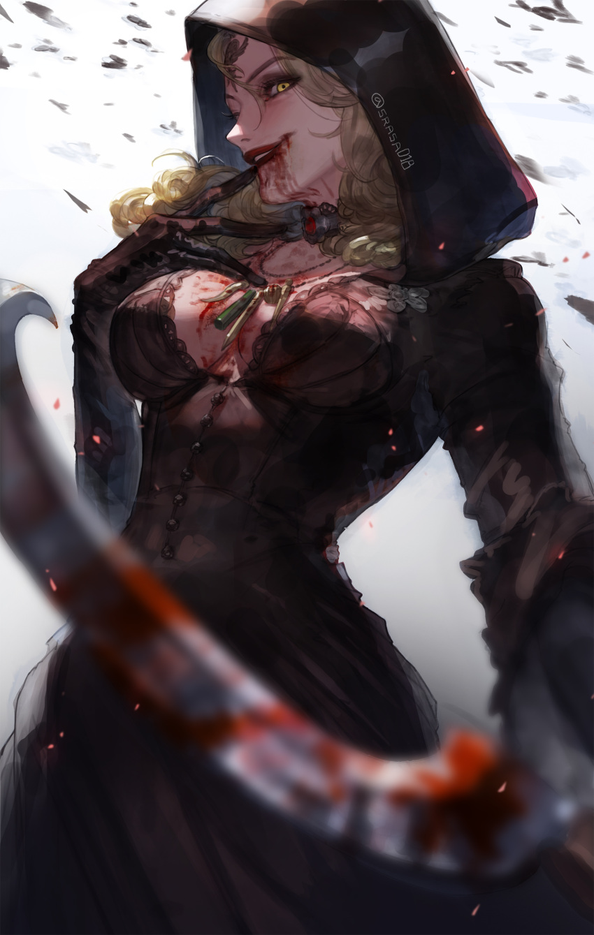 1girl absurdres black_dress black_gloves blonde_hair blood blood_from_mouth breasts daniela_dimitrescu dress gloves highres hood jewelry large_breasts necklace resident_evil resident_evil_village srasa vampire yellow_eyes