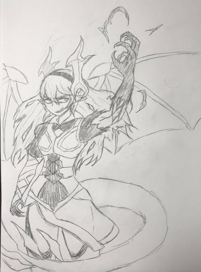 1girl anankos claws corrin_(fire_emblem) corrin_(fire_emblem)_(female) corruption dark_persona dragon dragon_girl dragon_horns dragon_tail dragon_wings evil evil_grin evil_smile fire_emblem fire_emblem_fates gloves grin highres horns lawsofsacae long_hair looking_at_hand monochrome nintendo pointy_ears possessed sharp_teeth sketch smile tail teeth thighs torn_clothes torn_sleeves white_hair wings