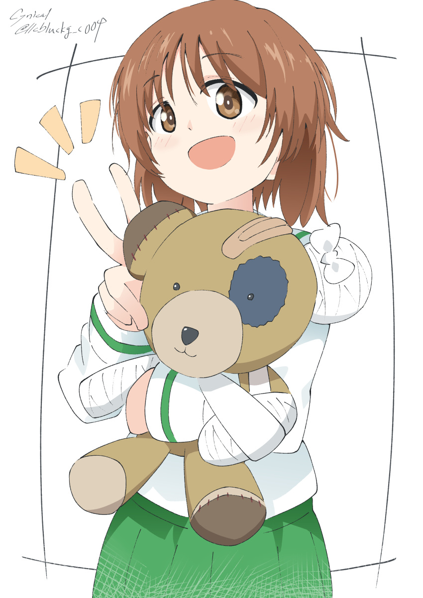 1girl absurdres bandages bandaid bangs blouse boko_(girls_und_panzer) brown_eyes brown_hair commentary cynical_(llcbluckg_c004) eyebrows_visible_through_hair girls_und_panzer green_skirt highres holding holding_stuffed_toy long_sleeves looking_at_viewer nishizumi_miho notice_lines ooarai_school_uniform open_mouth pleated_skirt sailor_collar school_uniform serafuku short_hair skirt smile solo standing stuffed_animal stuffed_toy teddy_bear twitter_username v white_blouse white_sailor_collar