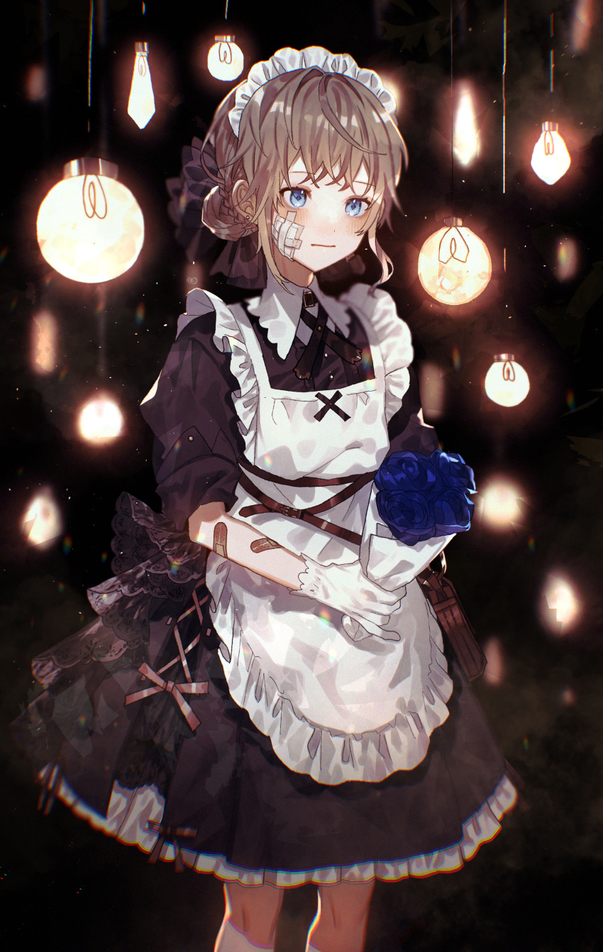 1girl absurdres apron bandage_on_face bandages bandaid bandaid_on_arm black_background black_dress blonde_hair blue_eyes blue_flower blue_rose bouquet braid commentary_request cowboy_shot crown_braid dress flower gloves hair_bun highres holding holding_bouquet iwai_ku_tsuki light_bulb maid maid_headdress original pinky_out rose short_hair short_sleeves solo white_gloves