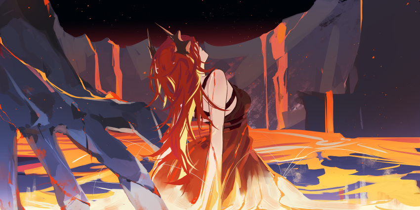 1girl absurdres arknights back bare_shoulders demon_girl demon_horns dress highres horns long_hair looking_up molten_rock redhead sky solo surtr_(arknights) very_long_hair zy