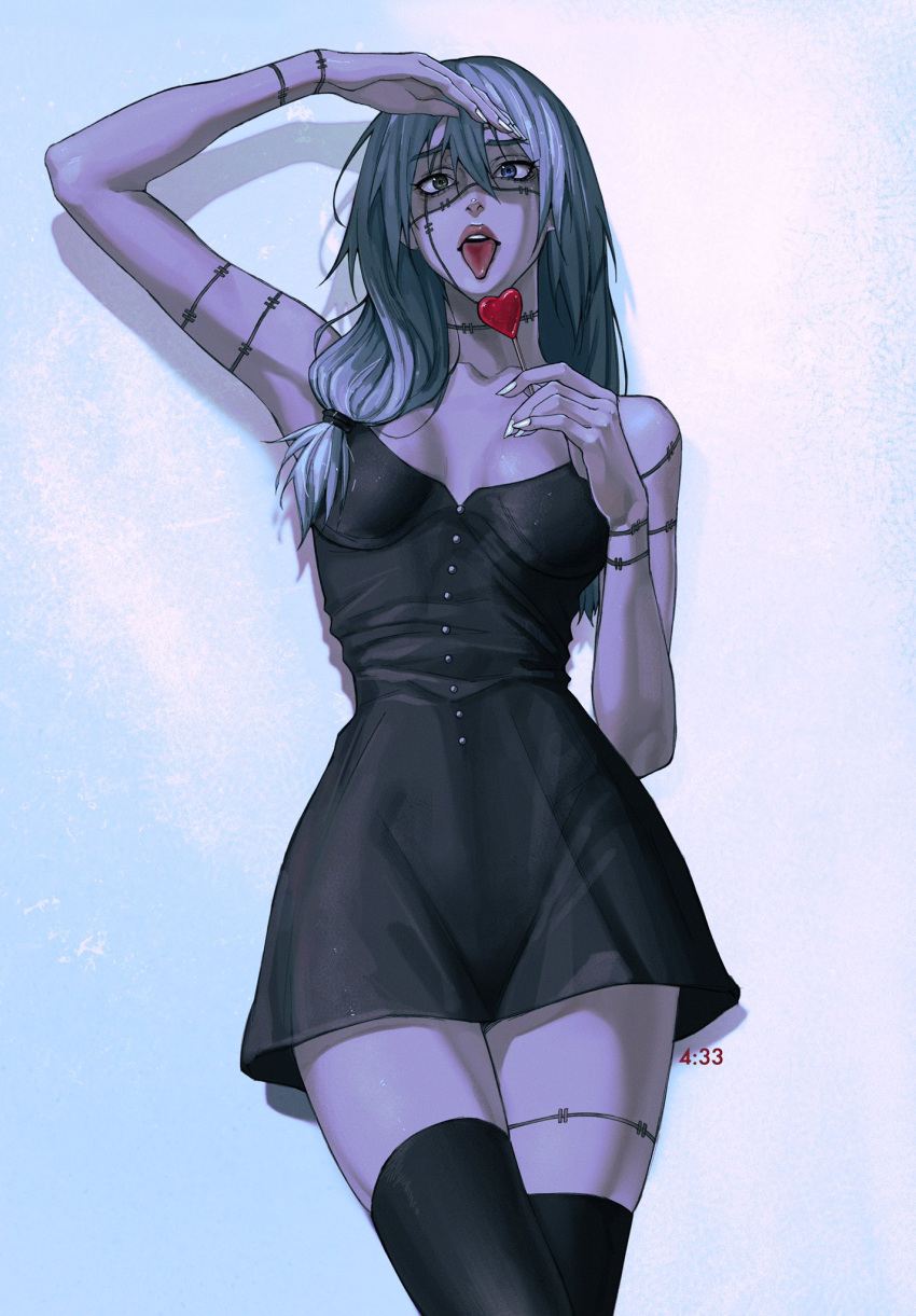 04idontexist 1girl artist_name bangs bare_shoulders black_dress breasts candy dress feet_out_of_frame fingernails food genderswap genderswap_(mtf) grey_hair hair_between_eyes hand_up heterochromia highres holding jujutsu_kaisen legs_together lips lollipop long_hair mahito_(jujutsu_kaisen) medium_breasts open_mouth scar scar_on_arm scar_on_face scar_on_leg scar_on_neck simple_background solo standing thigh-highs tongue tongue_out