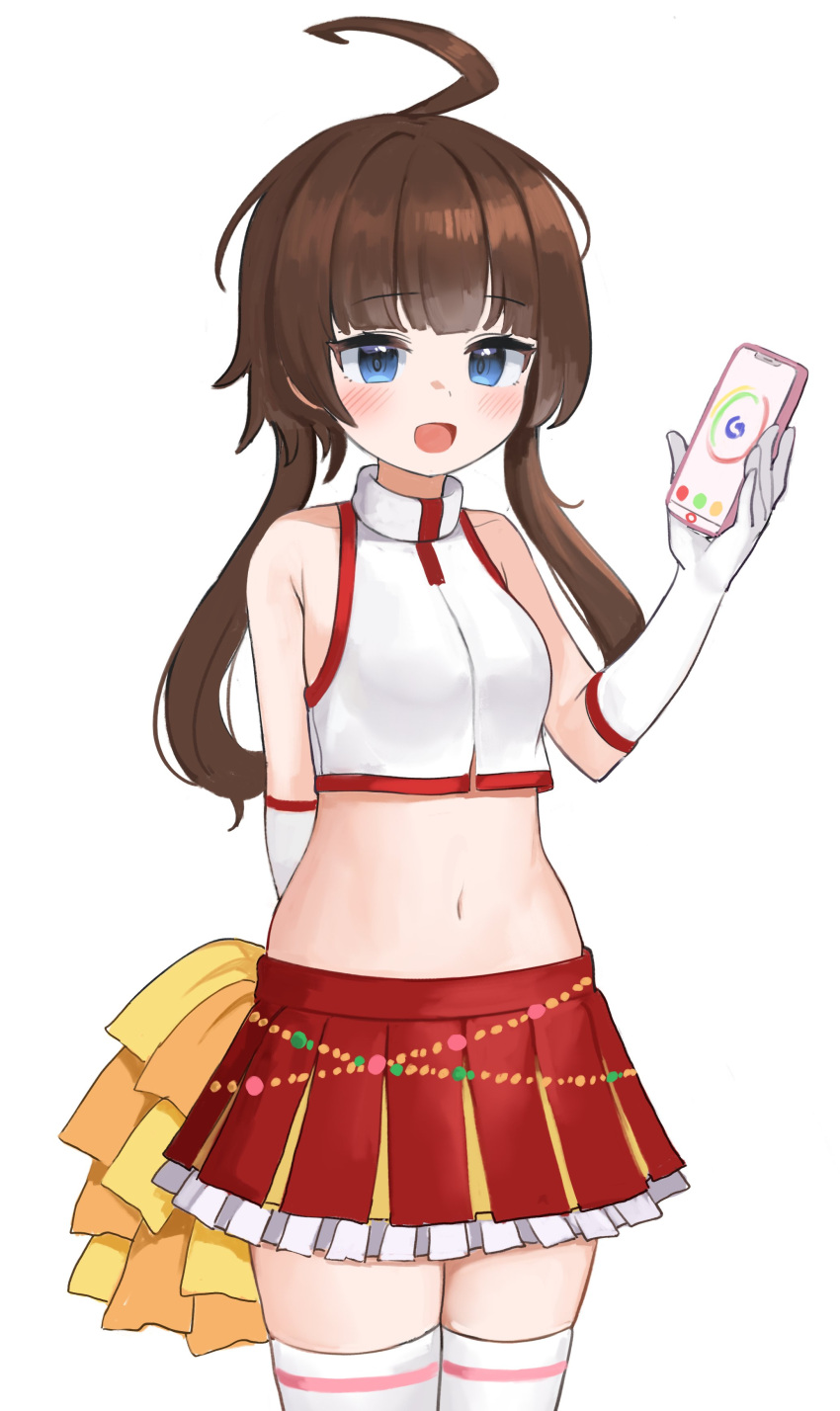 1girl :d absurdres ahoge arm_behind_back armpit_crease bare_shoulders blue_eyes breasts brown_hair cellphone cheerleader counter_side cowboy_shot crop_top frilled_skirt frills gloves hand_up highres holding holding_phone holding_pom_poms long_hair looking_at_viewer midriff miniskirt navel open_mouth phone pleated_skirt pom_poms red_skirt seojinhui shirt simple_background skirt sleeveless sleeveless_shirt small_breasts smartphone smile solo standing stomach thigh-highs white_background white_gloves white_legwear white_shirt yang_harim zettai_ryouiki