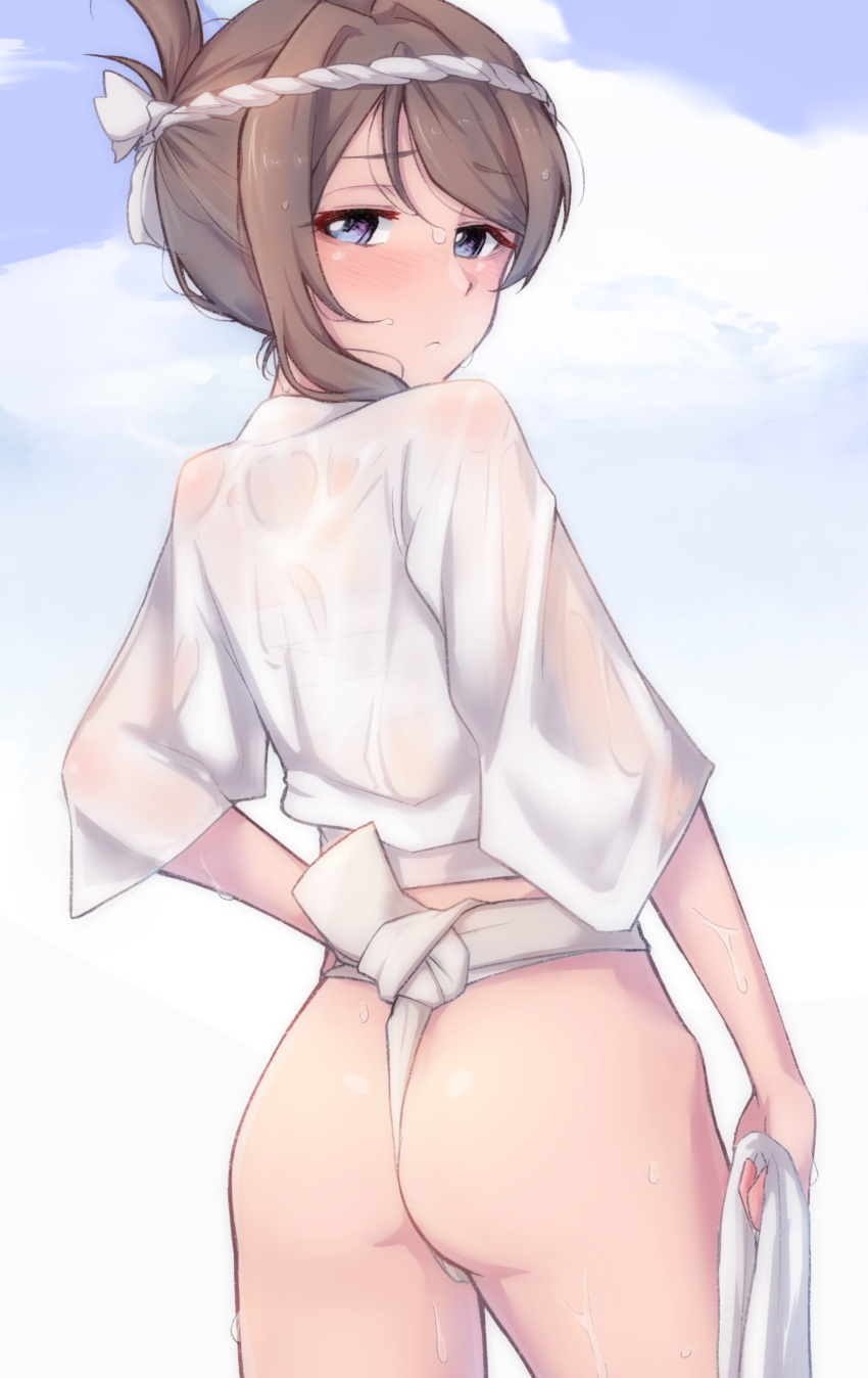 1girl absurdres ass blush brown_hair closed_mouth cowboy_shot embarrassed folded_ponytail from_behind fundoshi headband highres holding holding_towel japanese_clothes looking_at_viewer looking_back love_live! love_live!_sunshine!! nasuno_(nasuno42) solo towel violet_eyes watanabe_you wet wet_clothes