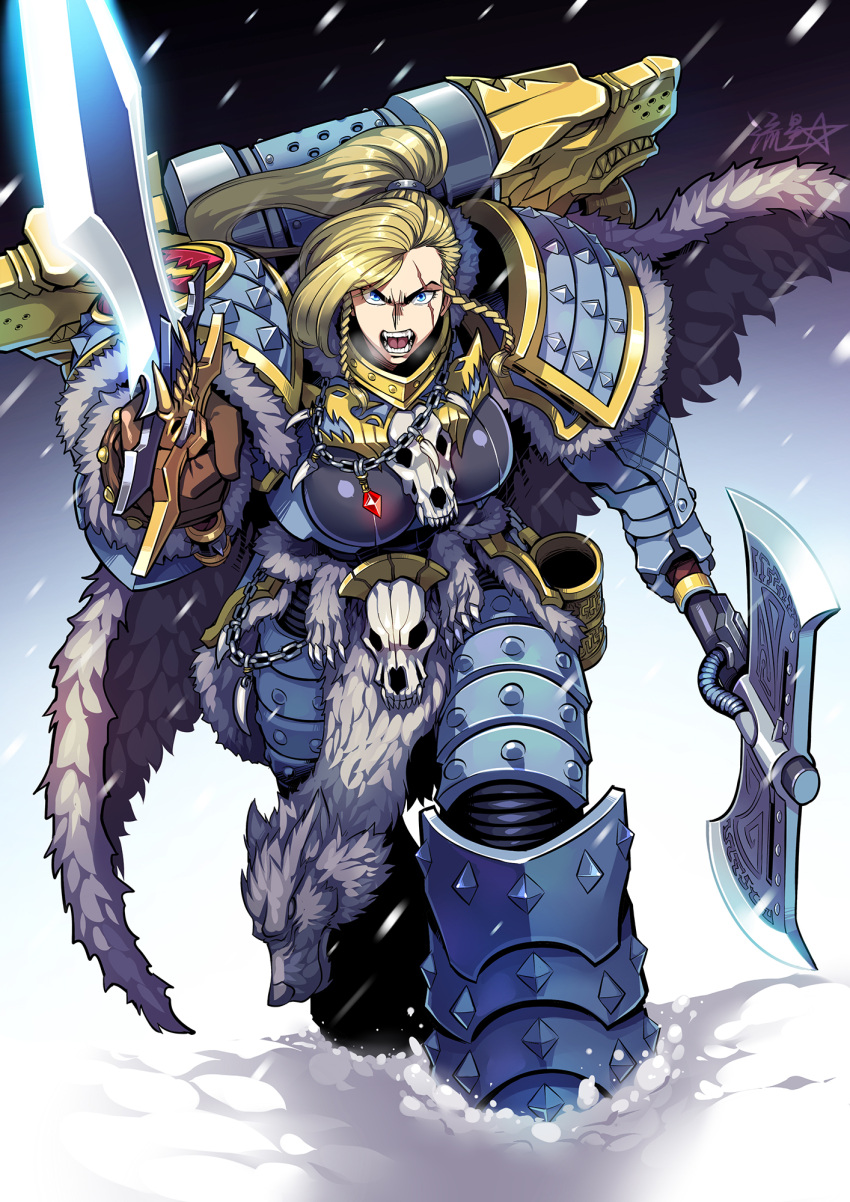 1girl adeptus_astartes armor axe battle_axe blonde_hair blue_eyes boobplate breasts cape chain_necklace dual_wielding english_commentary fangs full_armor full_body fur_cape fur_trim gauntlets genderswap genderswap_(mtf) hair_pulled_back highres holding jewelry large_breasts leman_russ long_hair looking_at_viewer pauldrons pelvic_curtain pendant ponytail power_armor primarch ryuusei_(mark_ii) scar scar_across_eye shoulder_armor side_braids snow snowing solo space_wolves spiked_armor sword tankard tooth_necklace warhammer_40k weapon