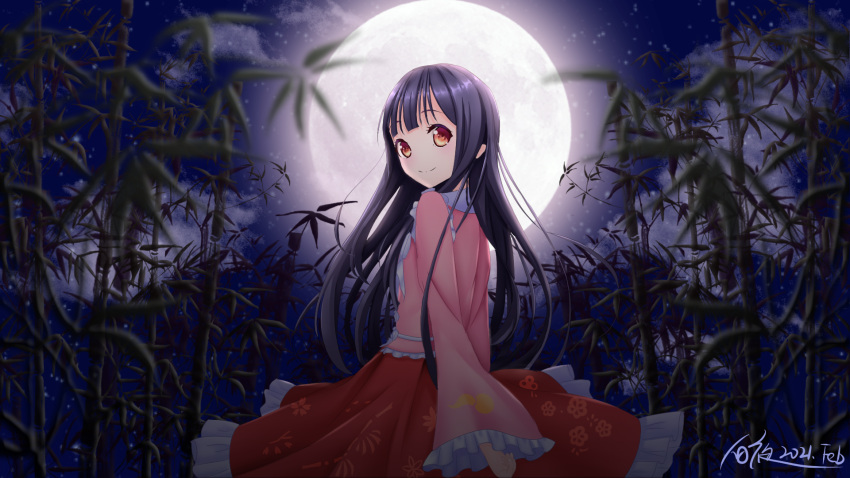 1girl bamboo bamboo_forest bangs black_hair blunt_bangs bow bowtie brown_eyes collared_shirt floral_print forest highres hime_cut houraisan_kaguya japanese_clothes long_hair long_skirt long_sleeves moon nature night outdoors pink_shirt red_skirt shirt skirt sleeves_past_wrists touhou very_long_hair white_bow white_neckwear wide_sleeves zhangyunhah