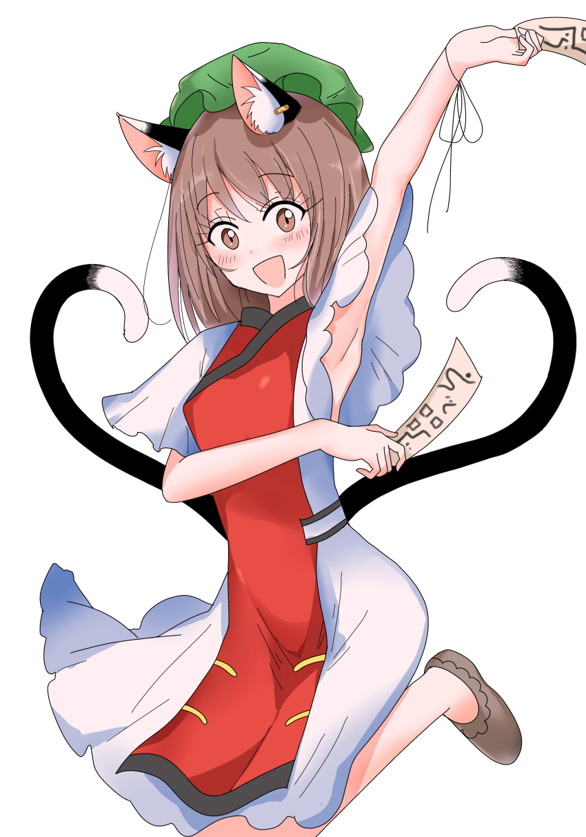1girl :d absurdres animal_ear_fluff animal_ears arm_under_breasts arm_up armpits blush brown_eyes brown_hair cat_ears cat_tail chen dress hansoku_tantei_satori hat highres holding holding_paper jewelry looking_at_viewer medium_hair mob_cap multiple_tails nekomata ofuda open_mouth paper shiisuu_rattamu simple_background single_earring smile solo tabard tail touhou two_tails white_background white_dress
