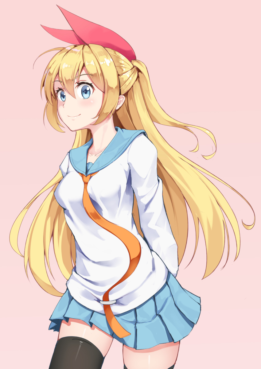 1girl absurdres arms_behind_back bangs black_legwear blonde_hair blue_eyes blue_skirt blush breasts bushi_j closed_mouth collarbone commentary_request cowboy_shot hair_ribbon highres kirisaki_chitoge long_hair long_sleeves looking_at_viewer medium_breasts miniskirt nisekoi pink_background pleated_skirt ribbon sailor_collar school_uniform serafuku shirt skirt smile solo thigh-highs white_shirt zettai_ryouiki