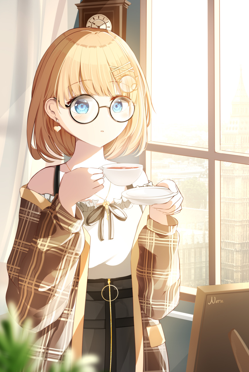 1girl artist_name black_skirt blonde_hair blouse blue_eyes brown_coat building cityscape clock coat commentary_request cup day earrings gold_necklace heart heart_earrings high-waist_skirt highres hololive hololive_english indoors jewelry key_necklace necklace nore_th official_alternate_costume plaid_coat round_eyewear saucer short_hair signature skirt skyscraper solo sunlight tea teacup virtual_youtuber wall_clock watson_amelia white_blouse window