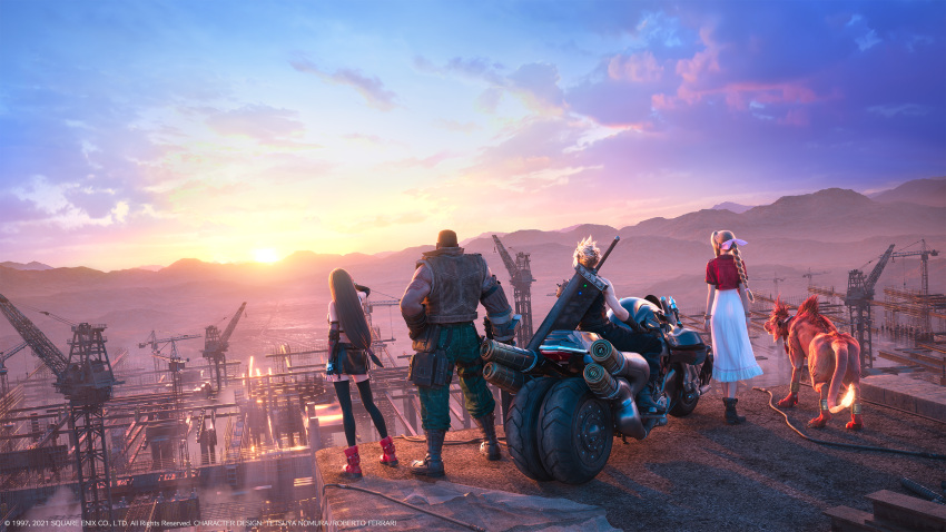 2girls 3boys aerith_gainsborough back barret_wallace black_legwear black_skirt bow buster_sword cloud_strife copyright cropped_jacket dark-skinned_male dark_skin dress final_fantasy final_fantasy_vii final_fantasy_vii_remake from_behind ground_vehicle hair_bow highres jacket motor_vehicle motorcycle mountainous_horizon multiple_boys multiple_girls official_art pink_dress red_footwear red_jacket red_xiii road skirt spiky_hair square_enix sunrise tail thigh-highs tifa_lockhart vest weapon weapon_on_back