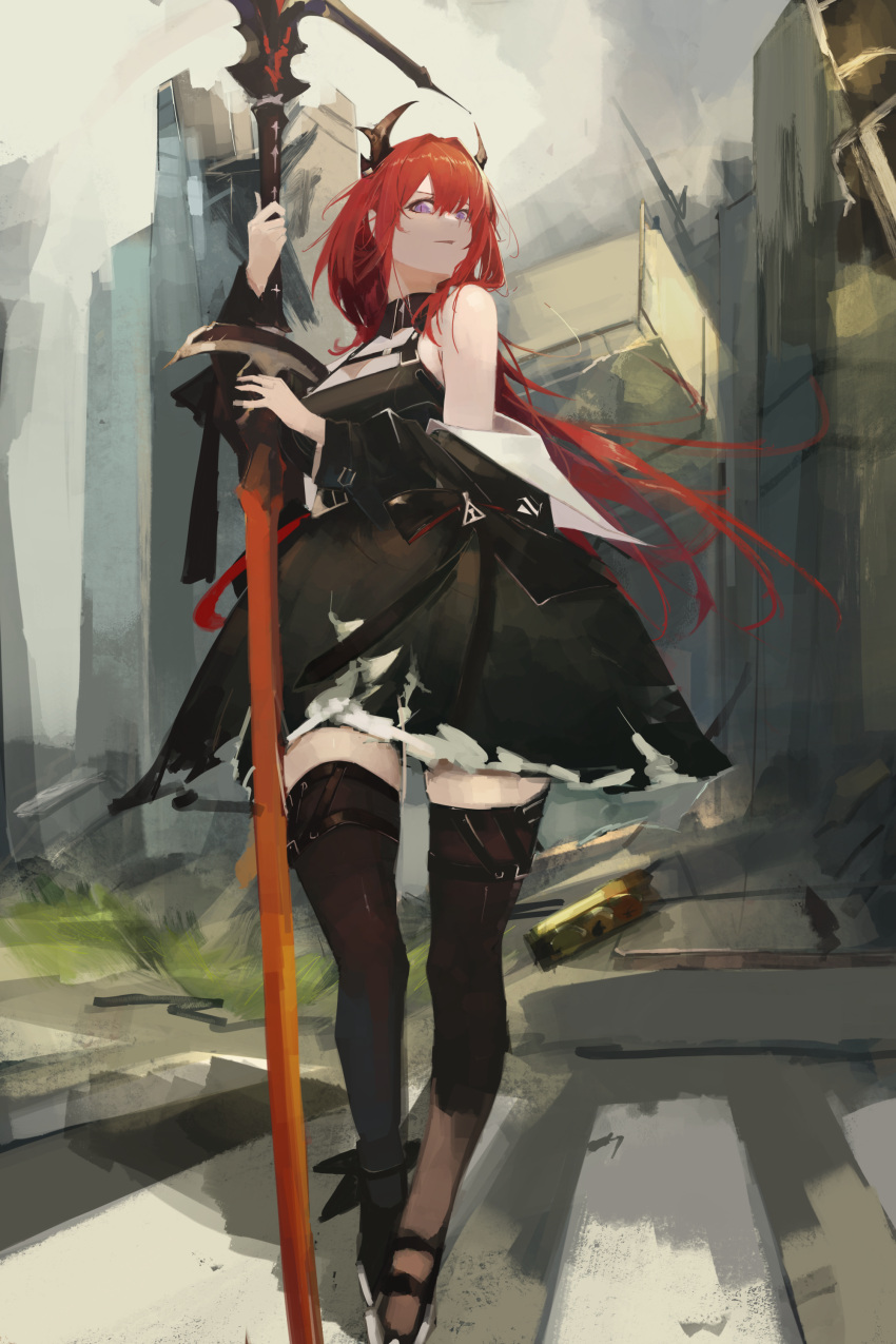 1girl absurdres arknights demon_girl demon_horns dress high_heels highres holding holding_weapon horns jacket kneehighs long_hair looking_at_viewer mm30212 red_eyes solo surtr_(arknights) sword violet_eyes weapon