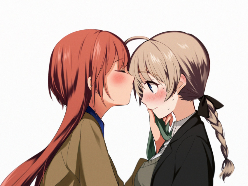 2girls ahoge bangs black_jacket black_ribbon blue_shirt blush braid braided_ponytail brown_jacket closed_eyes closed_mouth commentary dress_shirt eyebrows_visible_through_hair forehead_kiss frown green_neckwear grey_sweater hair_ribbon hand_on_another's_face highres jacket kiss long_hair looking_at_another lynette_bishop military military_uniform multiple_girls necktie necktie_grab neckwear_grab patricia_schade redhead ribbon shirt simple_background single_braid strike_witches sweatdrop sweater tamasaki_tama uniform white_background white_shirt world_witches_series yuri