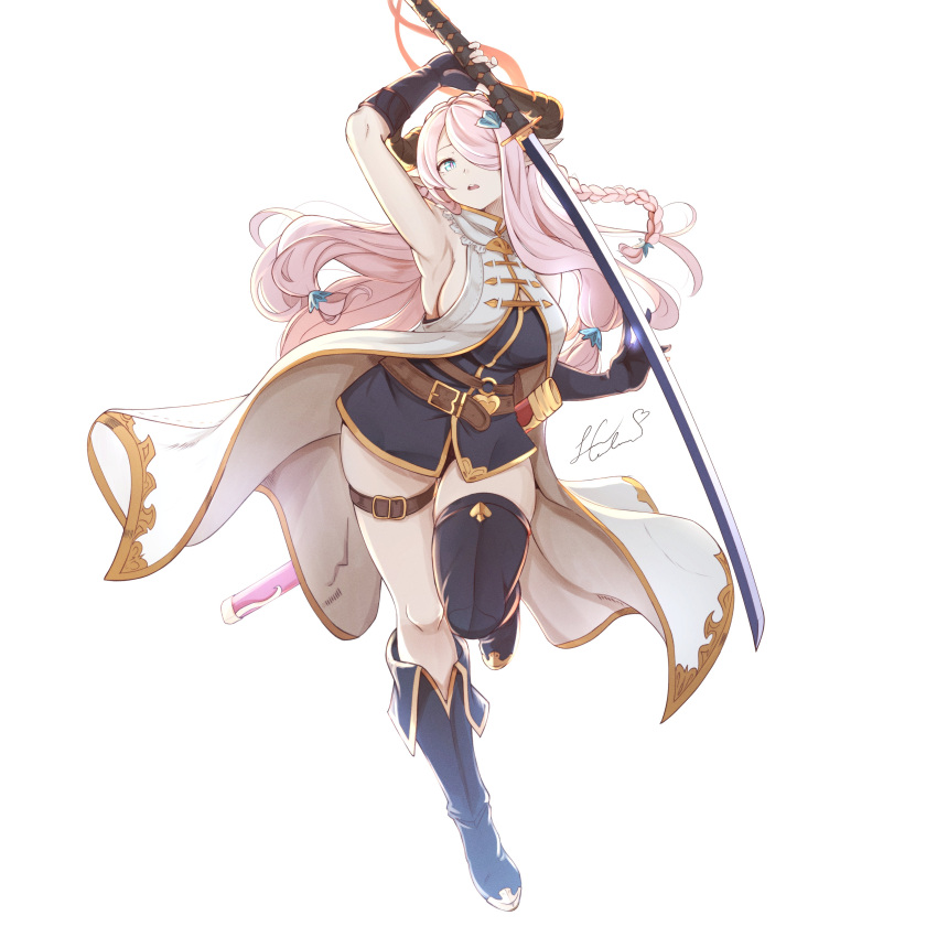 1girl absurdres armpits artist_name asymmetrical_footwear bangs belt blue_eyes boots braid breasts coat commentary draph elbow_gloves fingerless_gloves full_body gloves granblue_fantasy granblue_fantasy_versus hair_ornament hair_over_one_eye highres holding holding_sword holding_weapon horns katana knee_boots large_breasts leg_up long_hair looking_at_viewer narmaya_(granblue_fantasy) open_mouth pink_hair pointy_ears senacolada sheath signature simple_background sleeveless solo sword thigh-highs thigh_boots thigh_strap thighs tied_hair weapon white_background