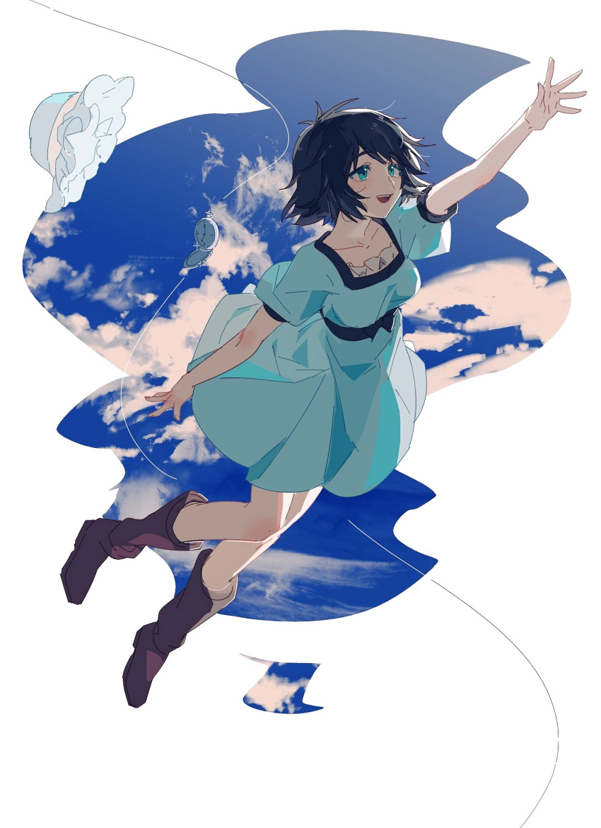 1girl aibivy bangs black_hair blue_dress blue_eyes blue_headwear blue_sky boots breasts brown_footwear clouds collarbone commentary_request dress eyebrows_visible_through_hair full_body hat hat_removed headwear_removed highres looking_away open_mouth pocket_watch reaching_out shiina_mayuri short_hair short_sleeves simple_background sky smile solo steins;gate watch white_background wind