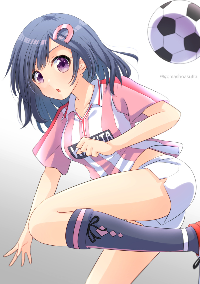 1girl :o argyle argyle_legwear ball black_hair black_legwear gomashio_star hair_ornament hairclip highres kijiyama_north_high_school kneehighs long_hair looking_at_viewer mai_ball! miyano_mai pants pink_stripes rhombus shirt short_sleeves simple_background soccer_ball soccer_uniform solo sportswear standing standing_on_one_leg striped striped_shirt twitter_username vertical-striped_shirt vertical_stripes violet_eyes white_pants