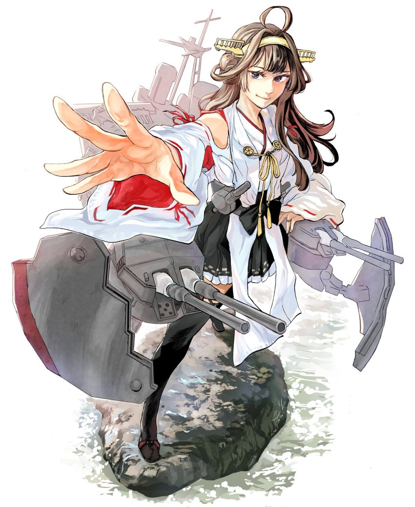 1girl absurdres ahoge black_skirt boots brown_hair cannon detached_sleeves double_bun frilled_skirt frills full_body hairband hakama_skirt headgear high_heels highres japanese_clothes jewelry kantai_collection kongou_(kancolle) long_hair machinery nontraditional_miko on_rock outstretched_arm remodel_(kantai_collection) ribbon-trimmed_sleeves ribbon_trim ring rock sash skirt thigh-highs thigh_boots turret violet_eyes white_background yamada_rei_(rou)