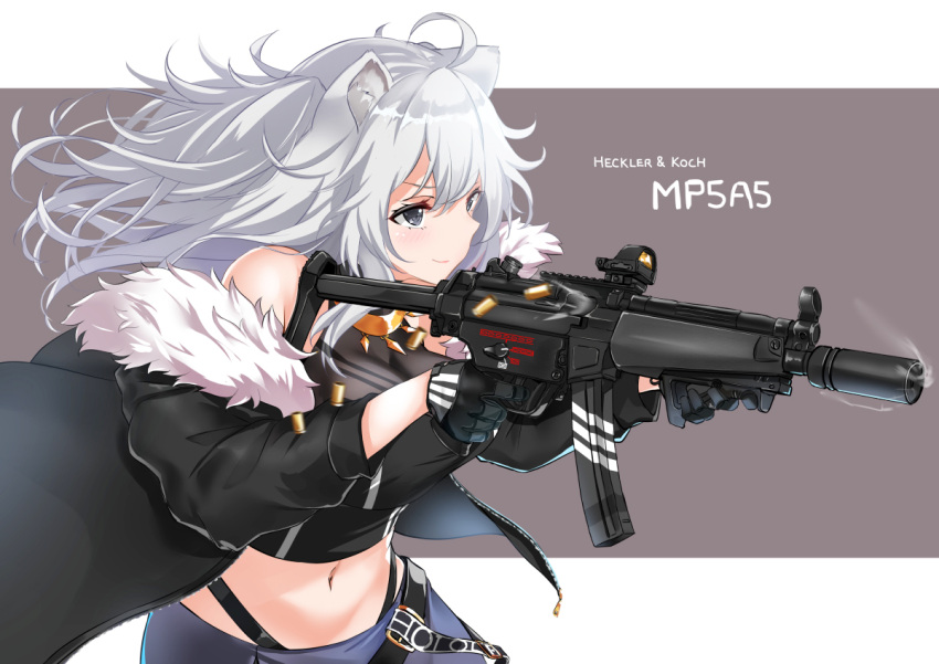 1girl animal_ears bare_shoulders black_gloves blush breasts fatkewell fur_trim gloves grey_eyes gun h&amp;k_mp5 holding holding_gun holding_weapon hololive jacket jewelry lion_ears long_hair midriff navel necklace shishiro_botan silver_hair skirt smile solo submachine_gun virtual_youtuber weapon