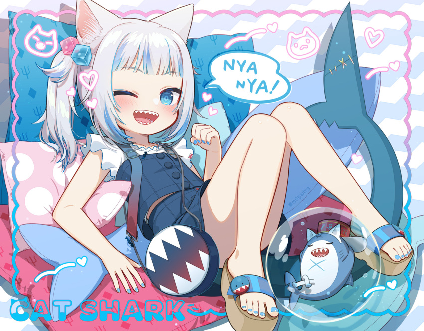 1girl ;d animal_ears bangs bloop_(gawr_gura) blue_dress blue_eyes blue_hair blue_nails blunt_bangs cat_ears commentary_request dress fingernails fish_tail full_body gawr_gura highres hololive hololive_english legs looking_at_viewer multicolored_hair nail_polish one_eye_closed open_mouth pillow sandals shark_tail sharp_teeth short_hair side_ponytail smile tail teeth toes two-tone_hair uchako virtual_youtuber white_hair