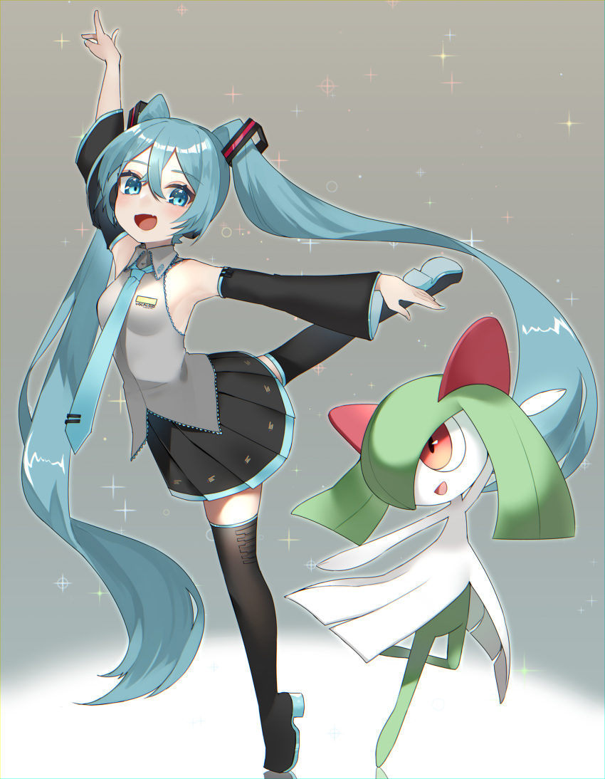 1girl :d absurdres bangs blue_eyes blush boots collared_shirt crossover dancing eyelashes fang floating_hair gen_3_pokemon grey_shirt hair_between_eyes hatsune_miku highres kirlia leg_up long_hair necktie open_mouth pleated_skirt pokemon pokemon_(creature) reirou_(chokoonnpu) shiny shiny_hair shirt skirt sleeveless sleeveless_shirt smile sparkle standing standing_on_one_leg symbol_commentary thigh-highs thigh_boots tongue twintails vocaloid