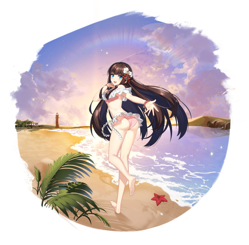 1girl :d absurdres ass bare_shoulders barefoot beach bikini bikini_skirt blue_eyes bracelet brown_hair counter_side eyeshadow flower frilled_bikini frills from_behind hair_flower hair_ornament highres huge_filesize jewelry leg_up long_hair looking_at_viewer looking_back makeup nanahara_chinatsu official_art open_mouth pink_bikini smile solo standing standing_on_one_leg sunlight sunset swimsuit thighs transparent_background twisted_torso very_long_hair water