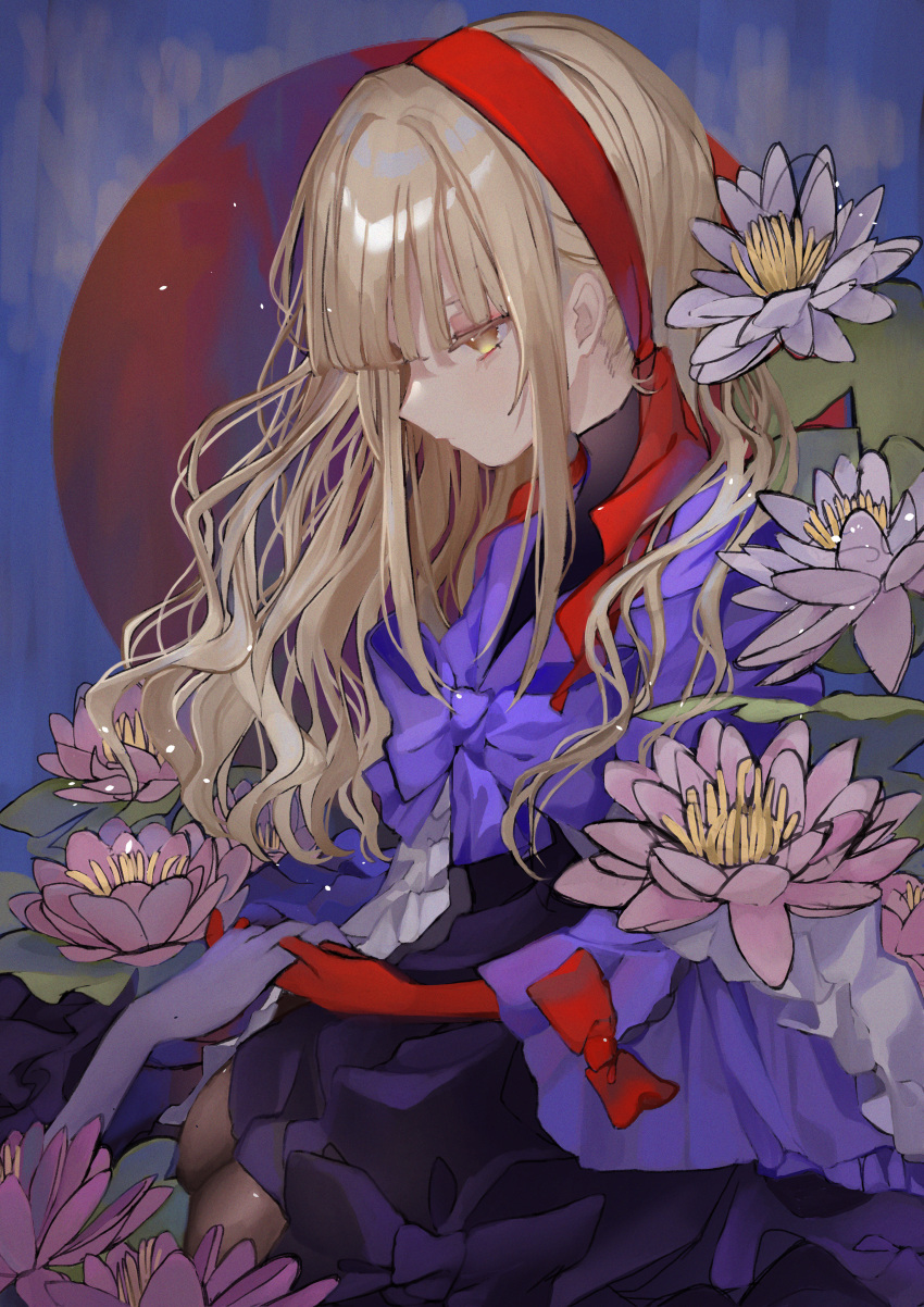 1girl absurdres bangs blonde_hair blue_background blue_cape blue_dress blunt_bangs bow cape closed_mouth dress flower from_side gloves hair_ribbon half-closed_eyes highres holding_hands huge_filesize kneeling long_hair looking_down lotus omodaka_romu original red_bow red_gloves red_ribbon ribbon sidelocks wavy_hair