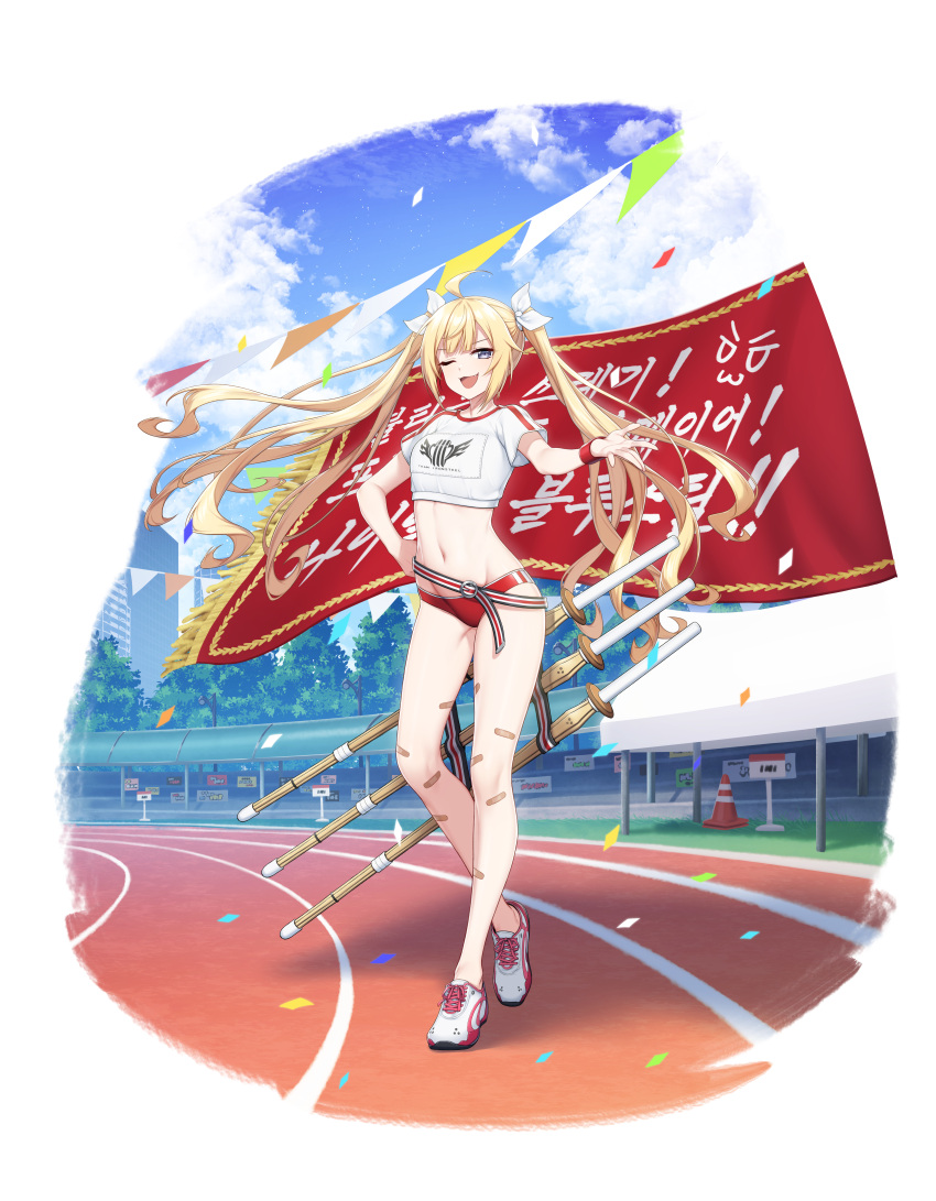 1girl ;d absurdres ahoge bandaid bandaid_on_knee bandaid_on_leg bare_legs belt blonde_hair blue_eyes breasts buruma character_request confetti counter_side crop_top day fang flag floating_hair full_body groin gym_uniform hair_ribbon hand_on_hip highres huge_filesize katana long_hair looking_at_viewer midriff navel no_socks official_art one_eye_closed open_mouth outdoors outstretched_arm red_buruma revealing_clothes ribbon sheath sheathed shirt shoes short_sleeves small_breasts smile smug sneakers solo standing stomach sweatband sword thighs track_and_field twintails very_long_hair weapon white_footwear white_shirt