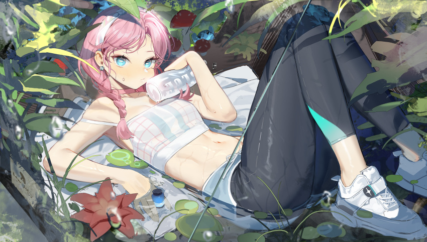 1girl arknights bahao_diqiu bangs bare_arms bare_shoulders black_pants blue_eyes blue_poison_(arknights) blue_poison_(shoal_beat)_(arknights) braid camisole choker commentary crop_top earrings hairband hand_up highres jewelry knees_up leggings long_hair lying midriff navel on_back pants pink_choker pink_hair shoes sneakers solo spaghetti_strap stomach strap_slip symbol_commentary thighs white_footwear