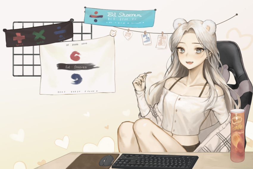 1girl :d absurdres animal_ears bear_ears blue_eyes bra_strap bright_pupils chair chips commission dated_commentary fang food gaming_chair heart highres holding instrument keyboard_(instrument) long_hair long_sleeves looking_at_viewer midriff_peek mouse_(computer) mousepad_(object) navel on_chair open_mouth original oyabuli pointy_ears potato_chips pringles shirt sitting smile solo white_hair white_pupils white_shirt
