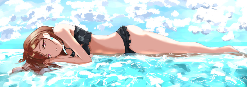 1girl absurdres bare_arms bare_legs barefoot beach bikini breasts brown_hair clouds earrings frilled_bikini frills full_body hair_ornament hairclip highres higuchi_madoka idolmaster idolmaster_shiny_colors jewelry koronbussig lying medium_breasts mole mole_under_eye on_stomach outdoors red_eyes short_hair solo sunlight swimsuit water water_drop