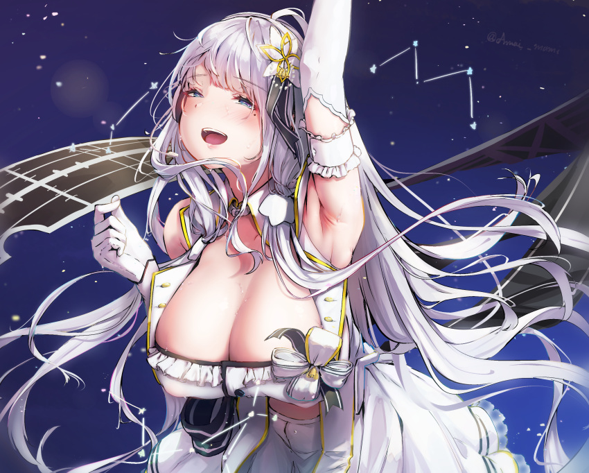 1girl amamami_prime arm_up armpits azur_lane blue_eyes breasts detached_collar elbow_gloves eyebrows_visible_through_hair flight_deck flower frills gloves hair_flower hair_ornament highres illustrious_(azur_lane) illustrious_(muse)_(azur_lane) jacket large_breasts long_hair open_mouth skirt sleeveless sleeveless_jacket solo upper_teeth white_flower white_gloves white_hair white_jacket white_skirt