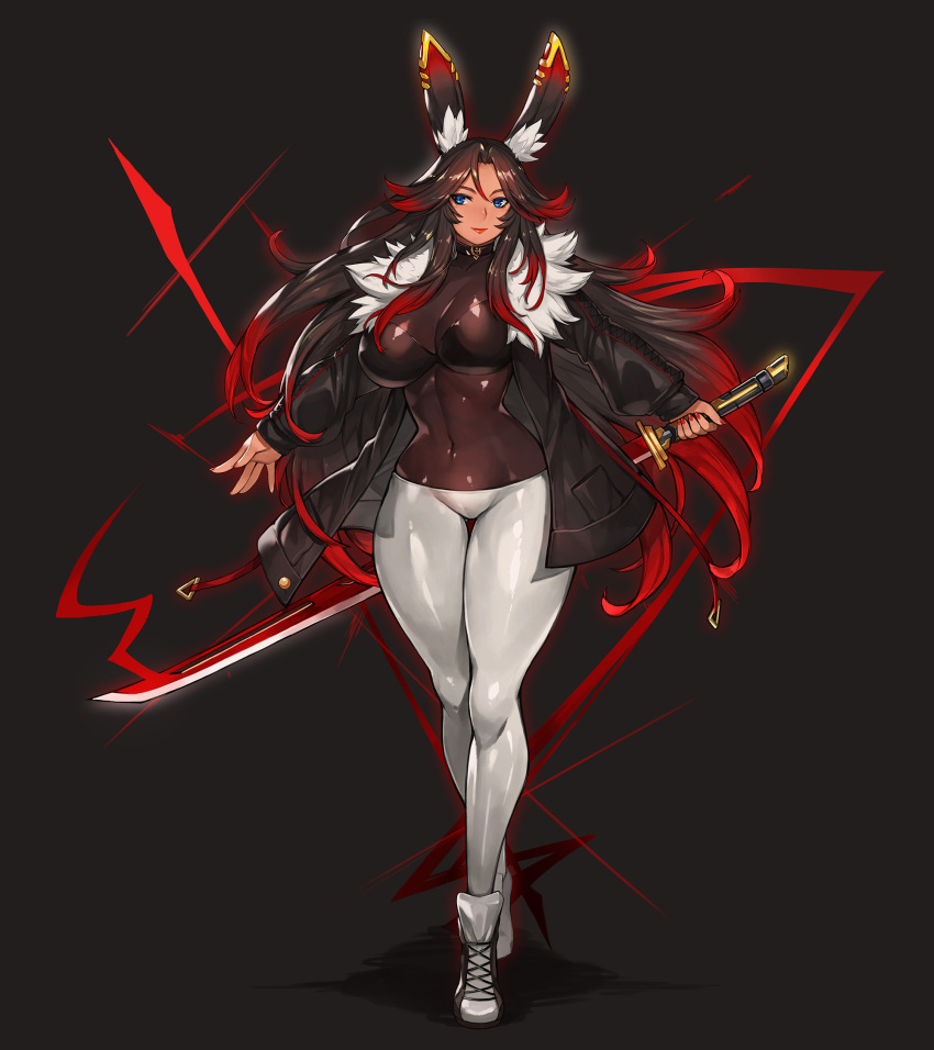 1girl animal_ear_fluff animal_ears bangs blue_eyes breasts brown_hair closed_mouth commentary covered_collarbone covered_navel dark_skin fingernails fur_trim gradient gradient_hair gurimjang highres holding holding_sword holding_weapon jacket katana large_breasts lips long_hair long_sleeves looking_at_viewer multicolored_hair nail_polish open_clothes open_jacket original pants rabbit_ears redhead reverse_grip shadow shiny shiny_clothes shiny_hair shoes simple_background skin_tight sneakers solo standing sword two-tone_hair weapon white_pants