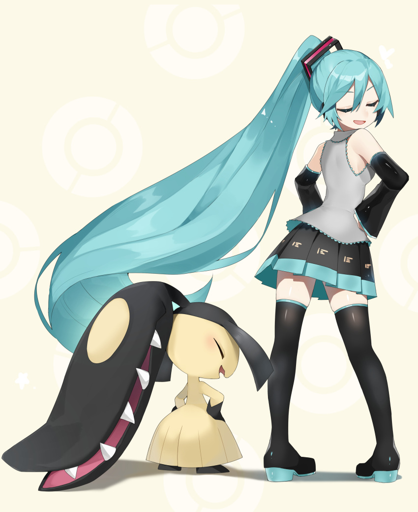 1girl absurdres bangs black_footwear black_skirt boots closed_eyes crossover detached_sleeves eyelashes floating_hair gen_3_pokemon green_hair grey_shirt hair_between_eyes hair_ornament hands_on_hips hatsune_miku highres long_hair mawile open_mouth pigeon-toed pleated_skirt pokemon pokemon_(creature) ponytail reirou_(chokoonnpu) shiny shiny_hair shirt skirt sleeveless sleeveless_shirt smile standing symbol_commentary thigh-highs thigh_boots tongue vocaloid |d