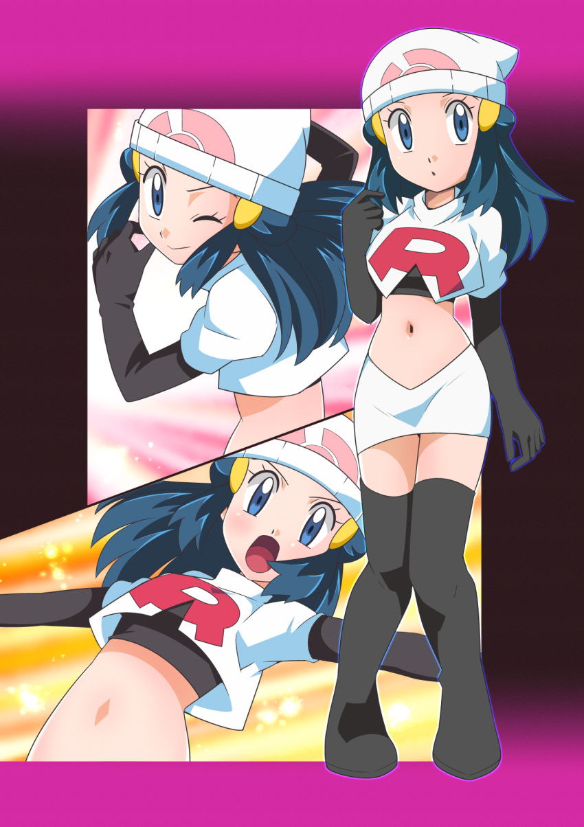 1girl beanie black_footwear black_gloves blue_eyes blue_hair boots closed_mouth commentary_request cosplay cropped_jacket hikari_(pokemon) elbow_gloves eyelashes gloves hainchu hair_ornament hairclip hand_up hat highres jacket jessie_(pokemon) jessie_(pokemon)_(cosplay) knees_together looking_at_viewer midriff multiple_views navel one_eye_closed open_mouth pokemon pokemon_(anime) pokemon_dppt_(anime) skirt standing team_rocket_uniform thigh-highs thigh_boots tongue white_headwear white_jacket white_skirt