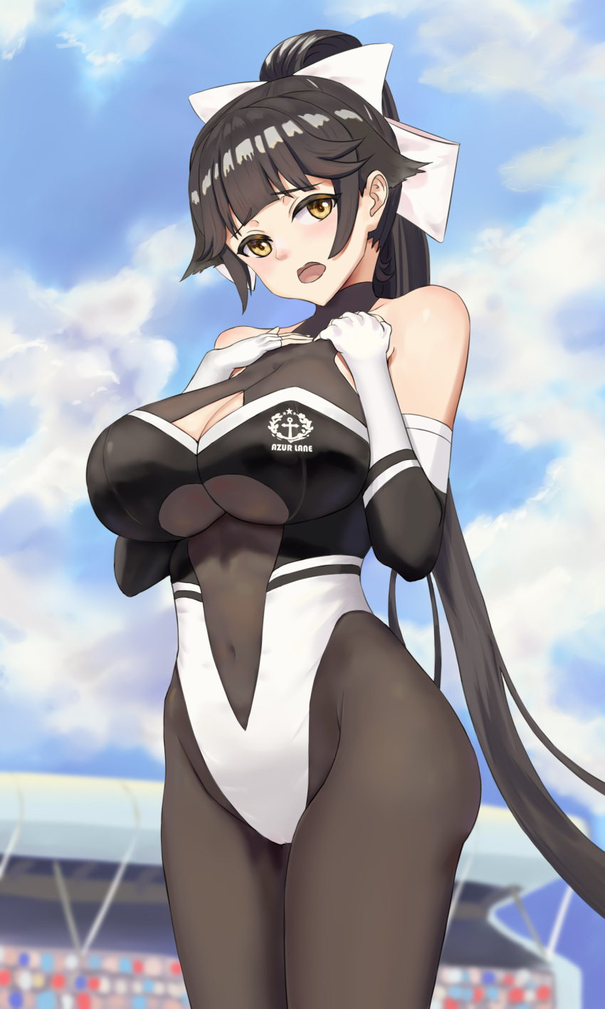 1girl azur_lane black_hair black_legwear blue_sky blurry bodystocking breasts brown_eyes chinese_commentary cleavage_cutout clothing_cutout clouds commentary_request cowboy_shot day depth_of_field hair_flaps highleg highleg_leotard highres large_breasts leotard logo long_hair looking_at_viewer official_alternate_costume outdoors pantyhose ponytail racequeen revision ribbon ruan_weidao sky solo takao_(azur_lane) takao_(full_throttle_charmer)_(azur_lane) two-tone_leotard white_ribbon
