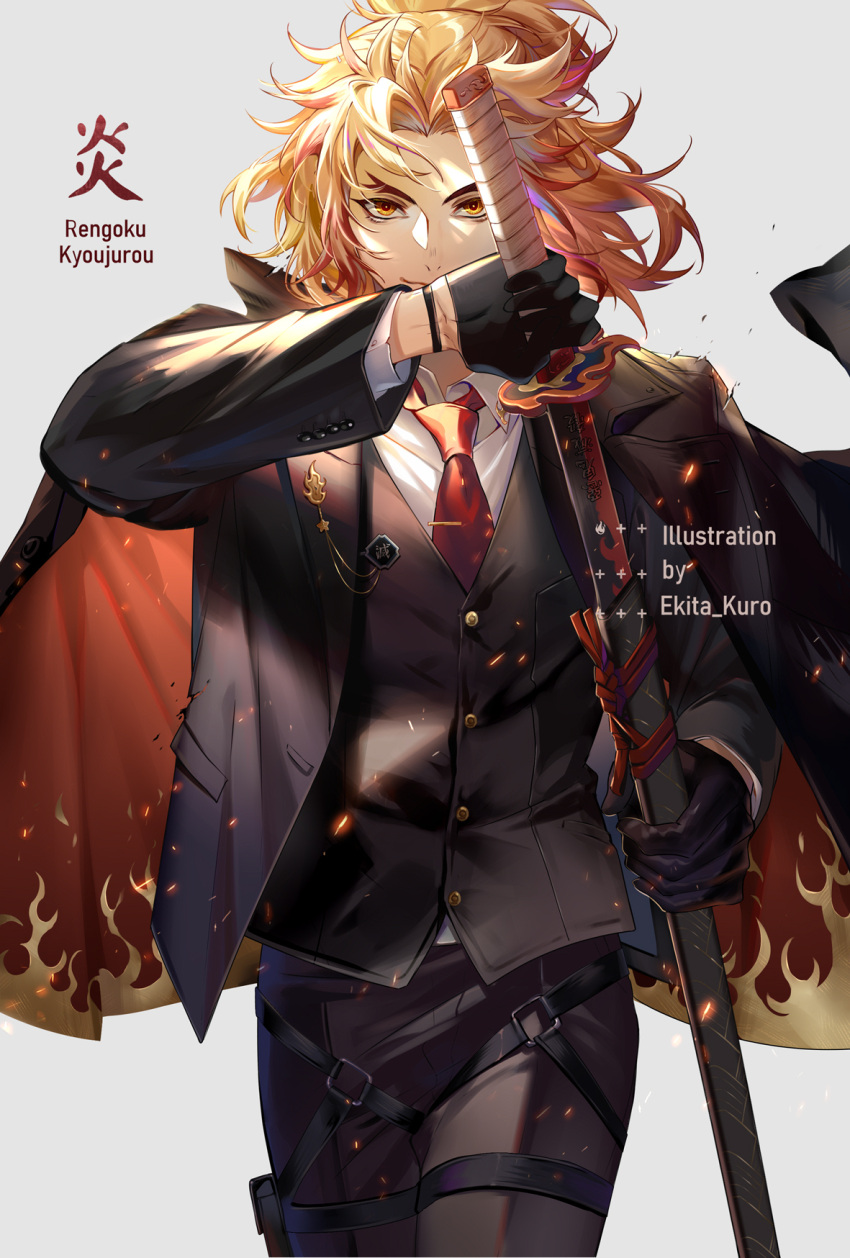 1boy artist_name black_gloves black_jacket black_pants character_name commentary_request cowboy_shot drawing_sword ekita_kuro english_text flame_print formal gloves grey_background highres holding holding_sword holding_weapon jacket katana kimetsu_no_yaiba long_sleeves necktie orange_eyes orange_hair pants red_neckwear rengoku_kyoujurou shirt smile solo suit sword weapon white_shirt