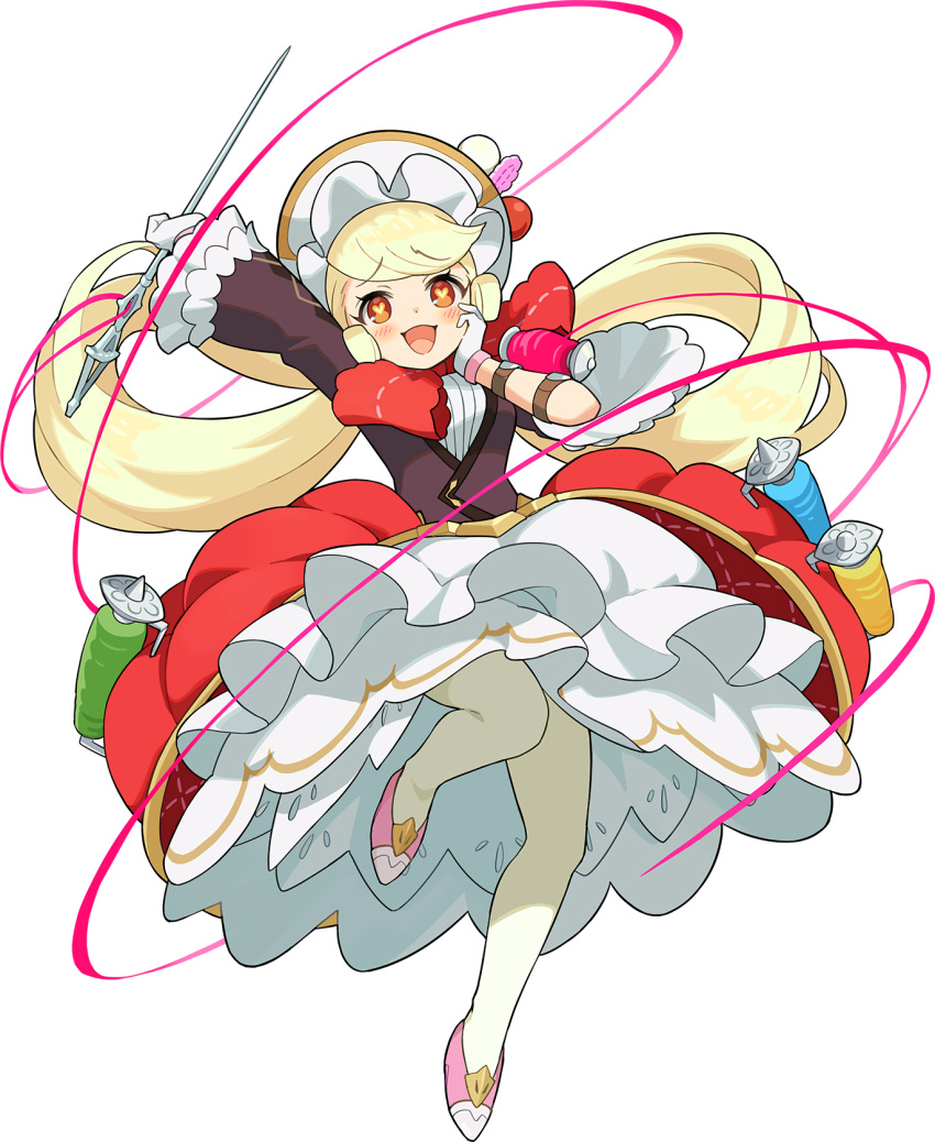 1girl arm_up artist_request bangs blonde_hair blush bonnet breasts eyebrows_visible_through_hair frilled_skirt frills full_body gloves hair_rings hand_on_own_cheek hand_on_own_face hand_up happy heart heart-shaped_pupils highres holding holding_sewing_needle layered_skirt leg_up lilian_(world_flipper) long_hair long_sleeves looking_up needle non-web_source official_art open_mouth orange_eyes outstretched_arm oversized_object pantyhose pink_footwear purple_shirt red_skirt sewing_needle shiny shiny_hair shirt shoes sidelocks skirt small_breasts smile solo spool standing standing_on_one_leg string swept_bangs symbol-shaped_pupils tied_hair transparent_background twintails white_gloves white_headwear white_legwear white_skirt wide_sleeves world_flipper