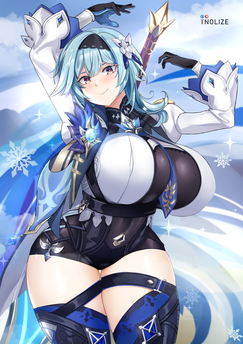 1girl alternate_breast_size artist_name blue_hair blue_neckwear blush boots breasts commentary covered_navel eula_lawrence genshin_impact gloves hair_ornament hairband highres holding large_breasts leotard necktie short_hair smile snowflakes solo sword thick_thighs thigh-highs thigh_boots thigh_gap thighs tnolize weapon yellow_eyes