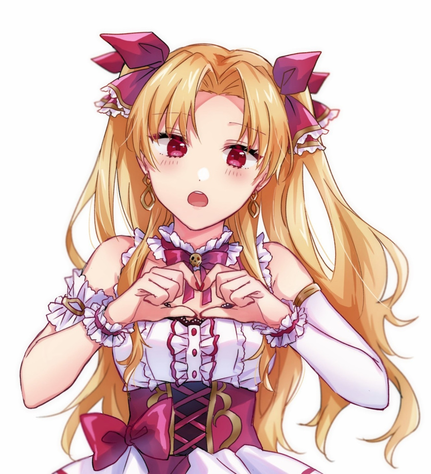 1girl bangs blonde_hair blush breasts corset dress earrings ereshkigal_(fate) fate/grand_order fate_(series) flower_sunshine frills hair_ribbon heart heart_hands highres hoop_earrings jewelry long_hair looking_at_viewer medium_breasts open_mouth parted_bangs red_eyes ribbon strawberry-rain-mk two_side_up white_dress