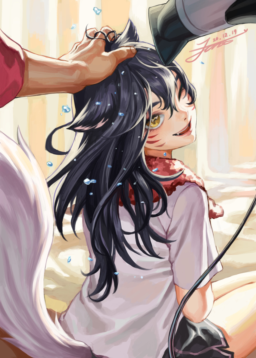 1girl absurdres ahri animal_ears black_shorts brown_eyes dated drying drying_hair fox_ears fox_girl fox_tail hair_dryer highres league_of_legends looking_back one_eye_closed open_mouth red_towel shirt shorts signature sitting smile solo_focus tail tiger_june towel towel_around_neck white_shirt younger