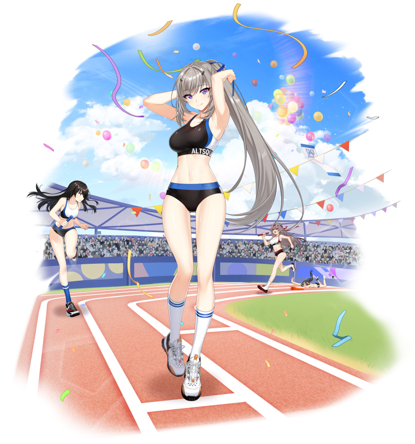 3girls absurdres alternate_hair_color armpits arms_behind_head arms_up bare_arms bare_shoulders black_buruma black_hair blue_eyes blue_legwear breasts buruma confetti counter_side crop_top crowd day eujin floating_hair full_body grey_hair hair_ribbon highres huge_filesize kneehighs large_breasts long_hair looking_at_another looking_at_viewer midriff multiple_girls navel official_art outdoors ponytail ribbon running seo_yoon shoes sleeveless smile sneakers sports_bra standing stomach sweat thighs track_and_field very_long_hair white_footwear white_legwear xiao_lin
