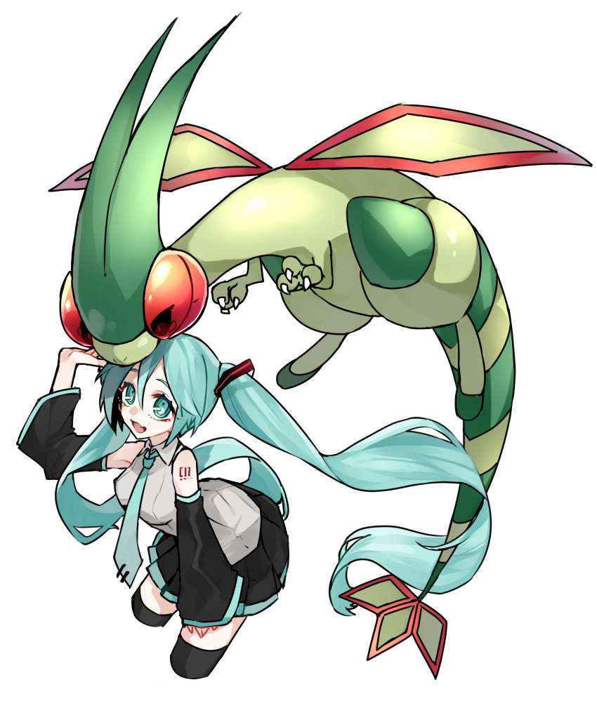 1girl absurdres bangs black_legwear black_skirt breasts collared_shirt commentary_request crossover detached_sleeves eyelashes floating_hair flygon gen_3_pokemon green_eyes green_hair green_neckwear hair_between_eyes hatsune_miku highres long_hair looking_up necktie open_mouth pleated_skirt pokemon pokemon_(creature) reirou_(chokoonnpu) shirt skirt sleeveless sleeveless_shirt smile thigh-highs tongue twintails vocaloid