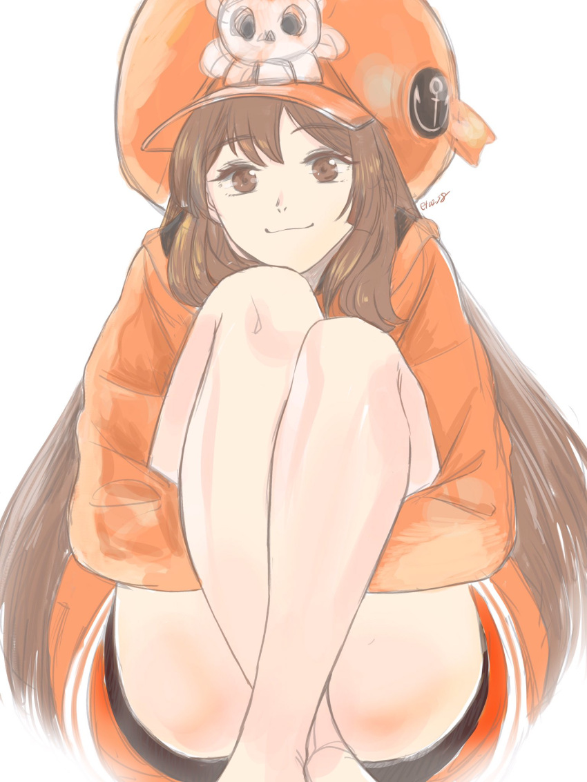 1girl anchor brown_eyes brown_hair closed_mouth guilty_gear hat highres hood hoodie long_hair looking_at_viewer may_(guilty_gear) orange_headwear orange_hoodie orange_shirt pirate_hat shirt simple_background smile solo toutoumi white_background