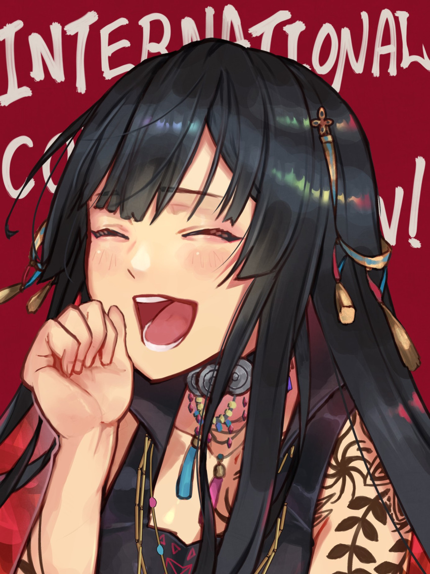 1girl ^_^ arm_tattoo bangs black_hair choker clenched_hand closed_eyes colored_inner_hair eyebrows_visible_through_hair hair_ornament henna highres laughing long_hair multicolored_hair nijisanji nijisanji_in noor_(nijisanji) open_mouth red_background redhead solo sooon tattoo virtual_youtuber