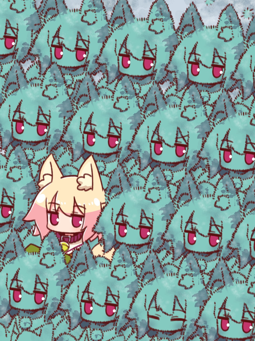 6+girls animal_ear_fluff animal_ears bangs bell blonde_hair brown_collar collar commentary_request eyebrows_visible_through_hair fox_ears fox_girl fox_tail green_shirt hair_between_eyes highres jingle_bell kemomimi-chan_(naga_u) long_sleeves mold multiple_girls naga_u neck_bell odd_one_out original red_eyes sailor_collar shirt sleeves_past_fingers sleeves_past_wrists tail v-shaped_eyebrows white_sailor_collar
